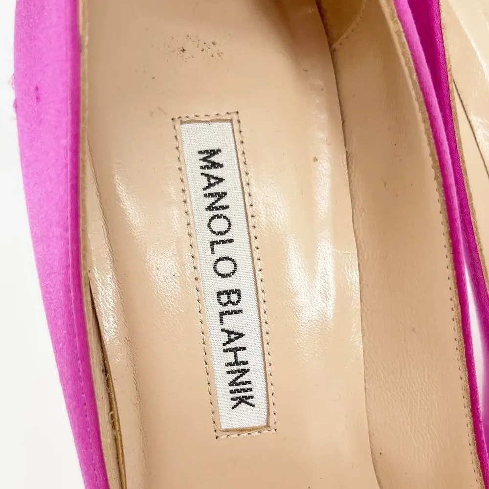 Manolo Blahnik Fuchsia Hangisi Satin Pointed Toe Crystal Detailed Pump IT 37.5 - Picture 10 of 12